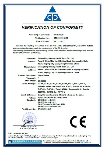 CE certificate of DX-6203B home sauna